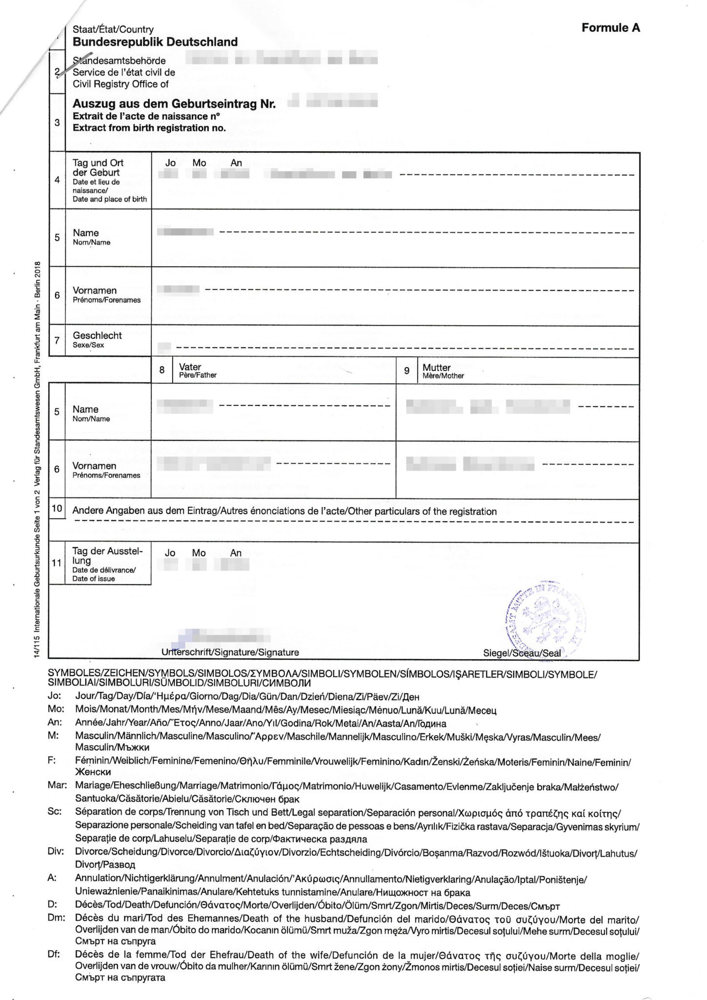 Geburtsurkunde Auszug Aus Dem Geburtenregister Auszug aus dem Geburtseintrag (mit Apostille) - Übersetzungsmuster