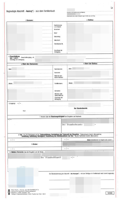 Familienbuch, Auszug